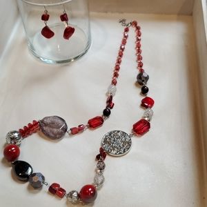 Necklace an earring set in red grey and silver